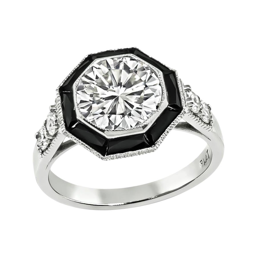 GIA Certified 2.10ct Diamond Onyx Engagement Ring For Sale