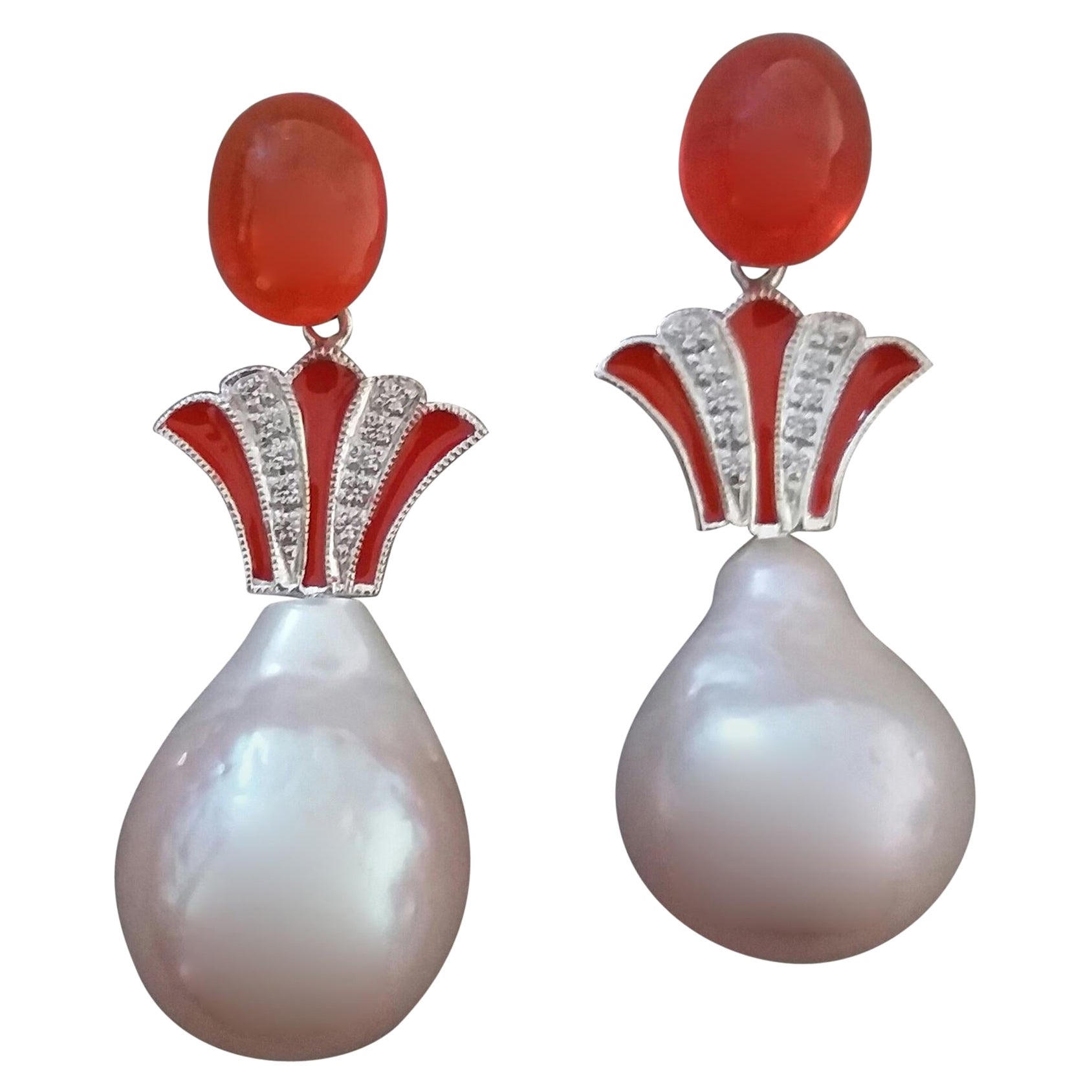 Art Deco Style Fire Opal Baroque Cream Pearl Gold Diamonds Enamel Drop Earrings For Sale