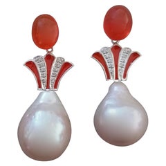 Art Deco Stil Feueropal Barock Creme Perle Gold Diamanten Emaille Tropfenohrringe