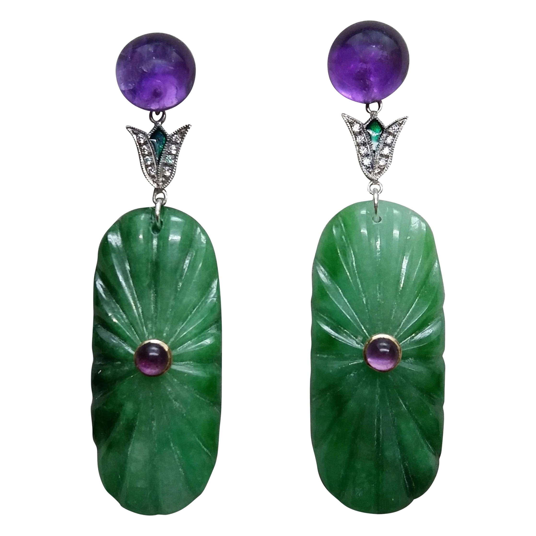 Art Deco Style Amethyst Gold Diamonds Green Enamel Engraved Jade Drop Earrings