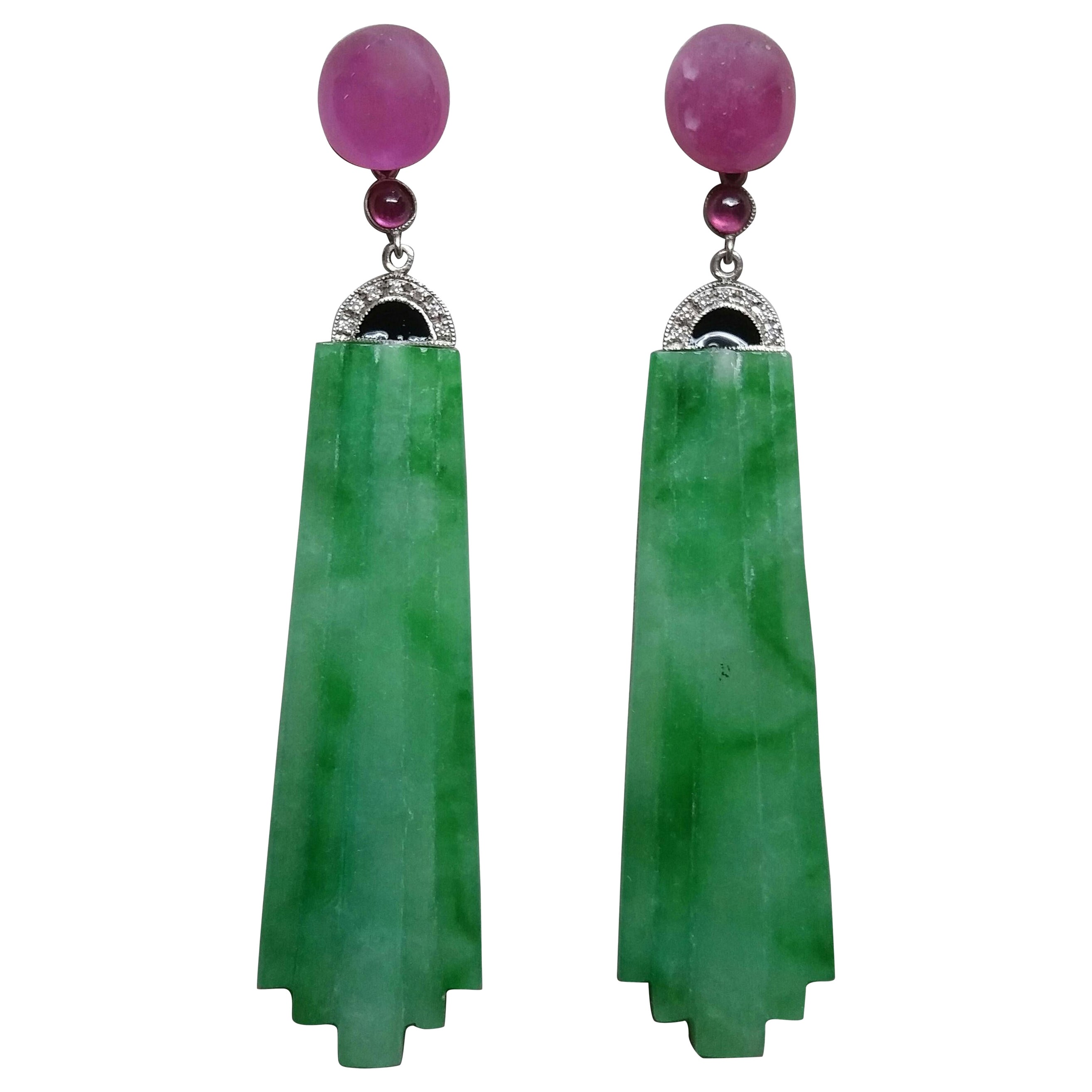 Art Deco Style Engraved Burma Jade Enamel Ruby Gold Diamonds Dangle Earrings