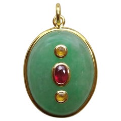 Jade Oval Cabochon Oval Faceted Ruby Yellow Sapphire 18 Kt Yellow Gold Pendant