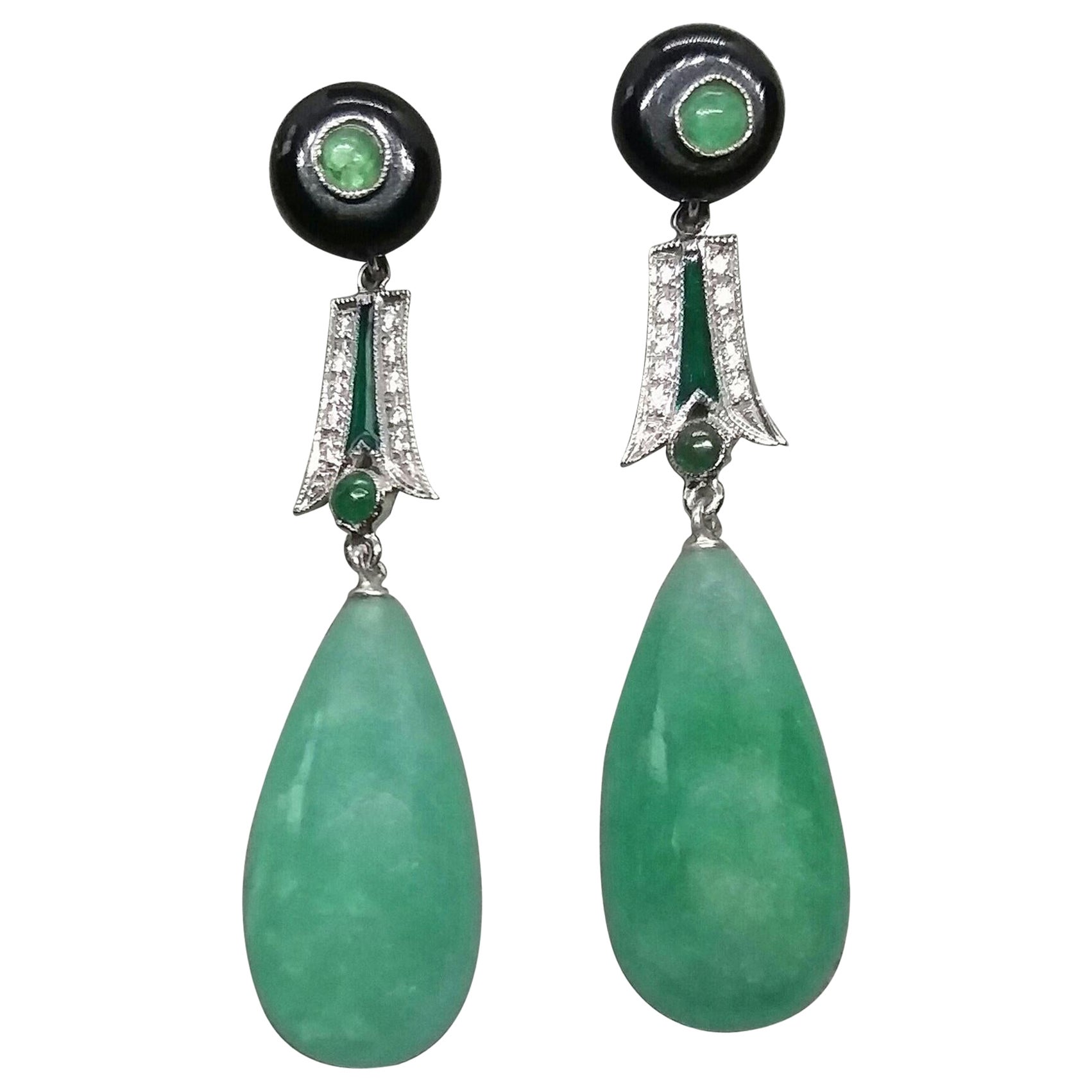Art Deco Style Emeralds Gold Diamonds Enamels Burma Jade Round Drops Earrings