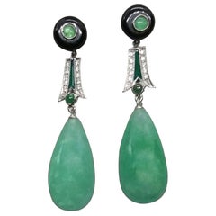 Art Deco Style Emeralds Gold Diamonds Enamels Burma Jade Round Drops Earrings