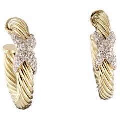 David Yurman Petite X Hoop Earrings in 14K Yellow Gold with Pave Diamonds