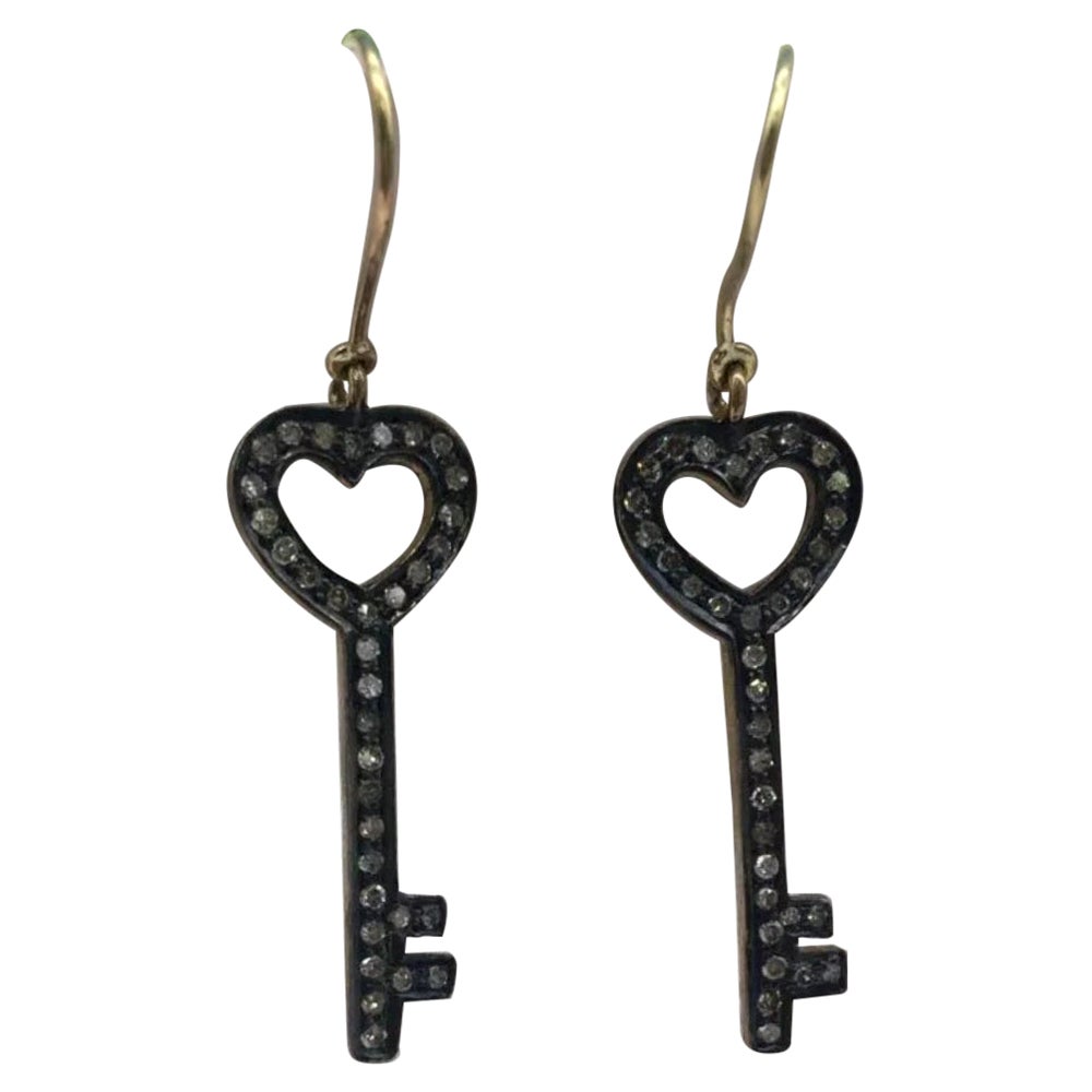 Pave Diamond Key Earrings 14k Gold&925 Silver Earring For Birthdays For Sale