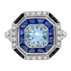 Anello di fidanzamento in stile Art Deco con zaffiro e acquamarina e diamante in oro bianco 18 carati