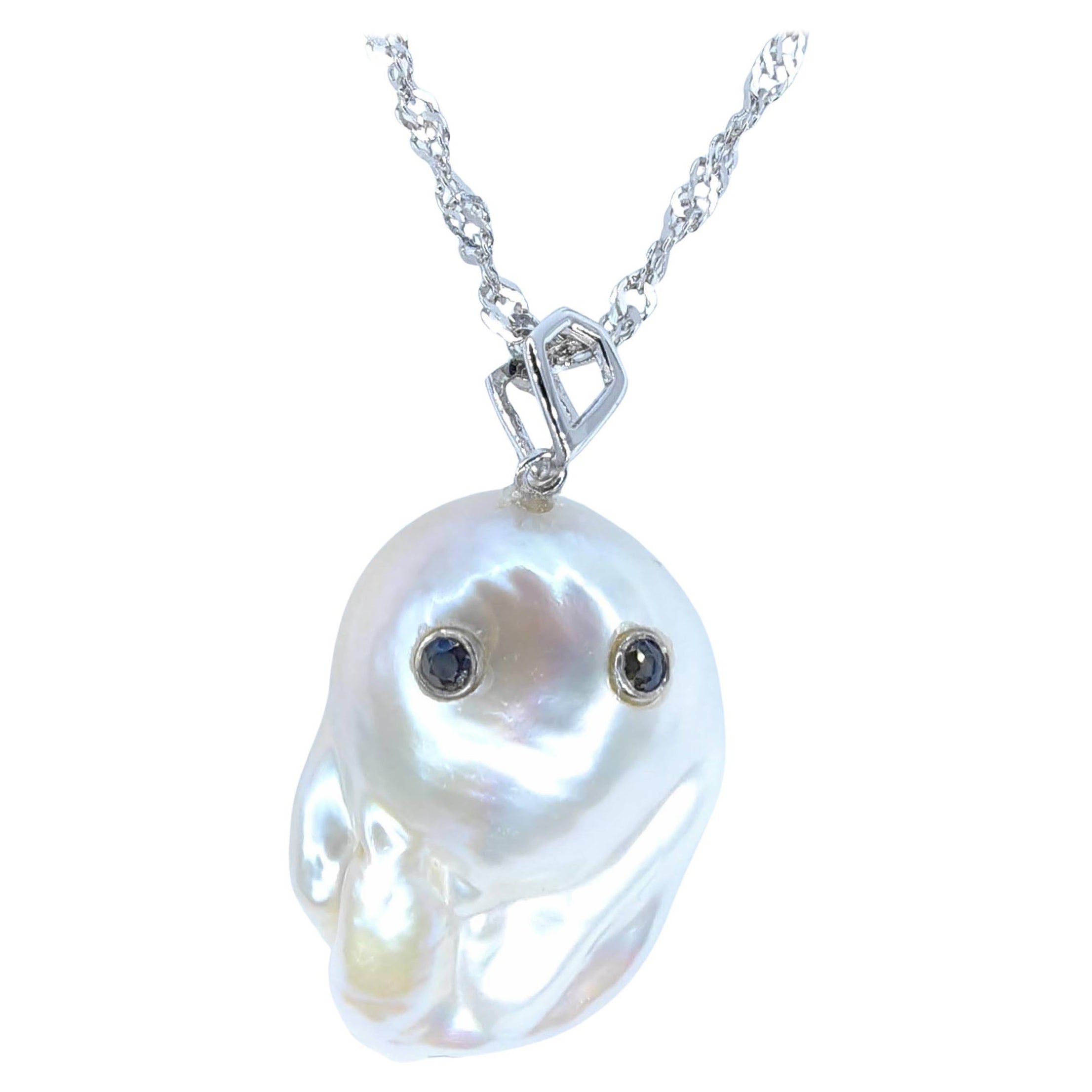 Darling Phantom: Blue Sapphire Baroque Pearl Ghost Pendant in 18K White Gold