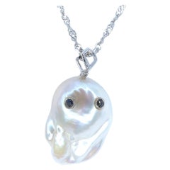Darling Phantom: Blue Sapphire Baroque Pearl Ghost Pendant in 18K White Gold