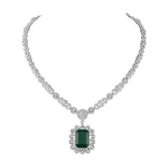 23.92ct Emerald Cut Emerald and Diamonds Grand Necklace 18k White Gold