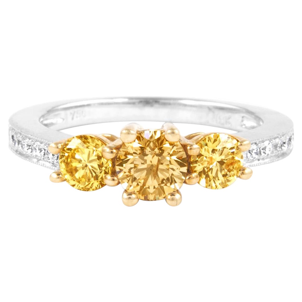 1.38ct Fancy Intense Brownish Yellow Diamond Three Stone Ring 18k Two Tone