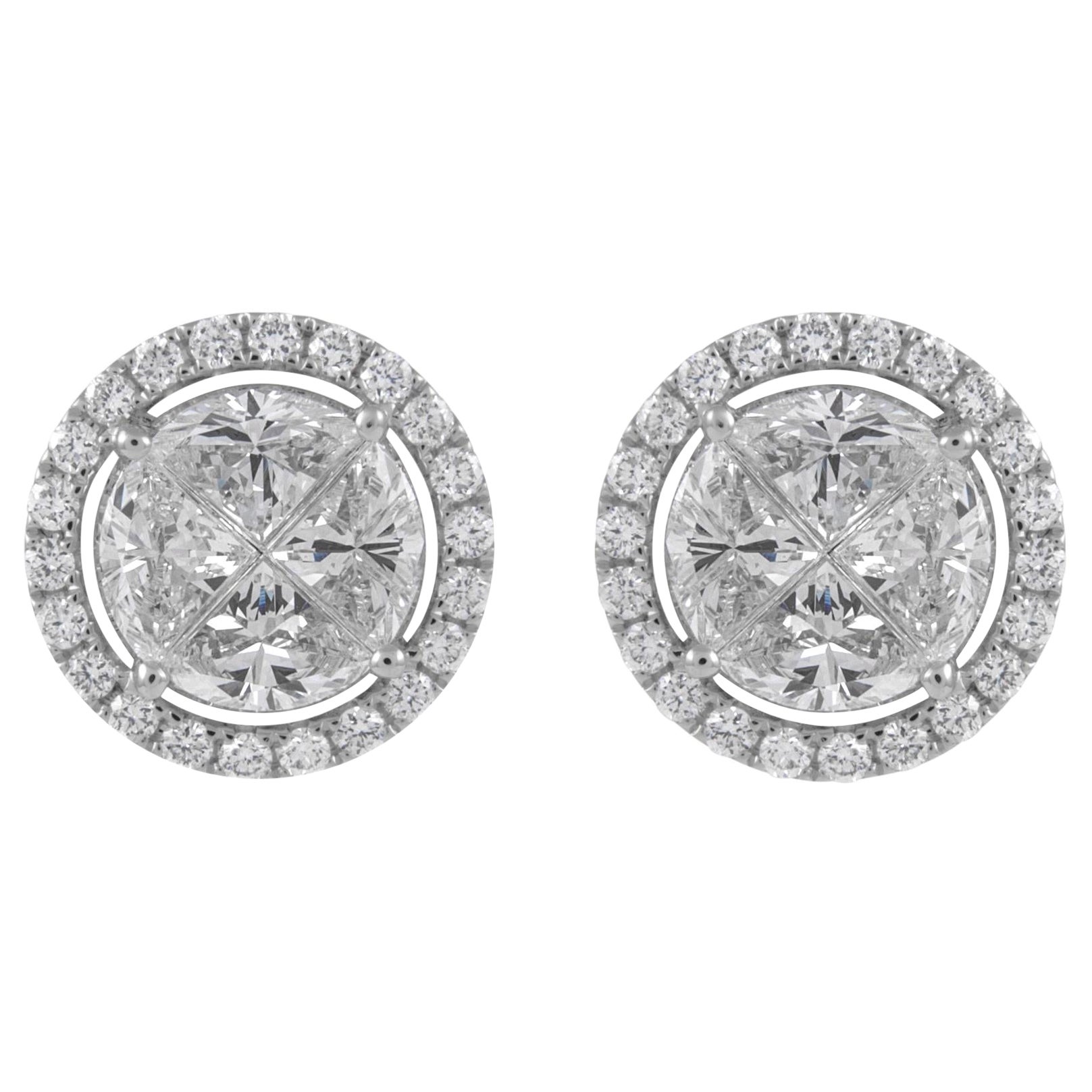 2.20ct Diamond Stud Earrings Illusion Set 18k White Gold For Sale
