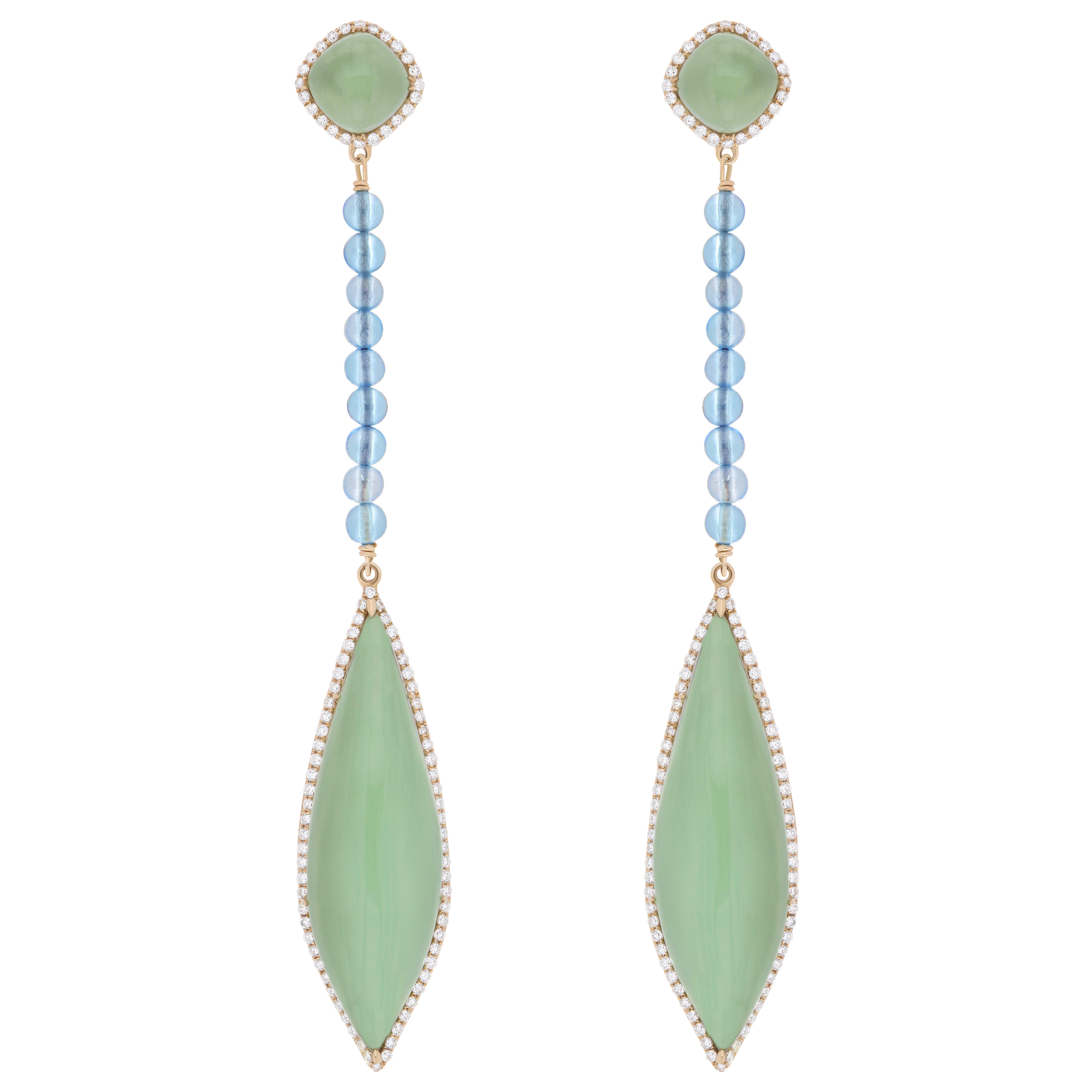 Mintquarz, Schweizer Blautopas und Diamant-Ohrring aus 14 Karat Gelbgold
