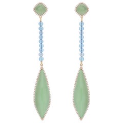 Pendiente de Cuarzo Menta, Topacio Azul Suizo y Diamante en Oro Amarillo de 14k