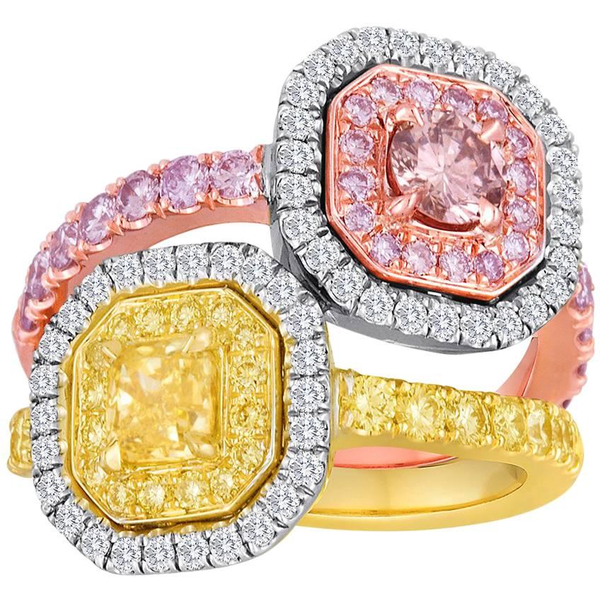 Pink and Yellow Diamond Toi Et Moi Ring Three Color Gold Fashion Cocktail Ring