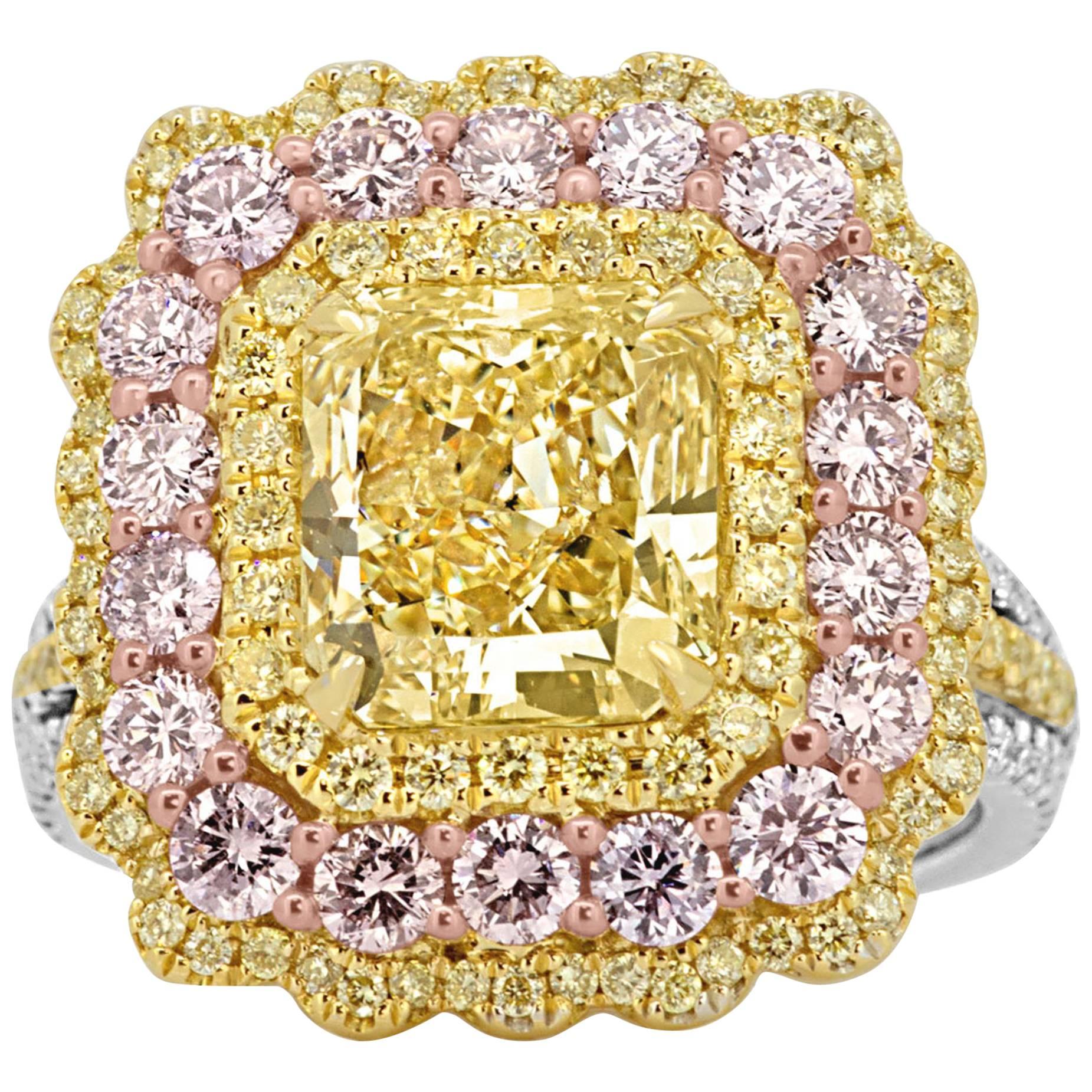 GIA Certified Fancy Light Yellow Diamond Tricolor Gold Ring