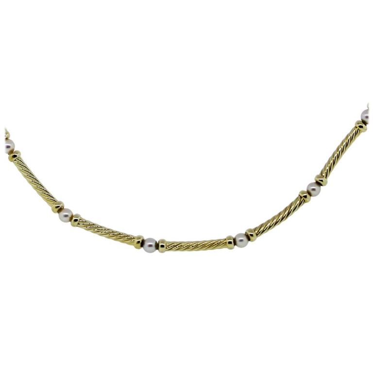 David Yurman 18k Yellow Gold Cable Choker Necklace with Pearls at