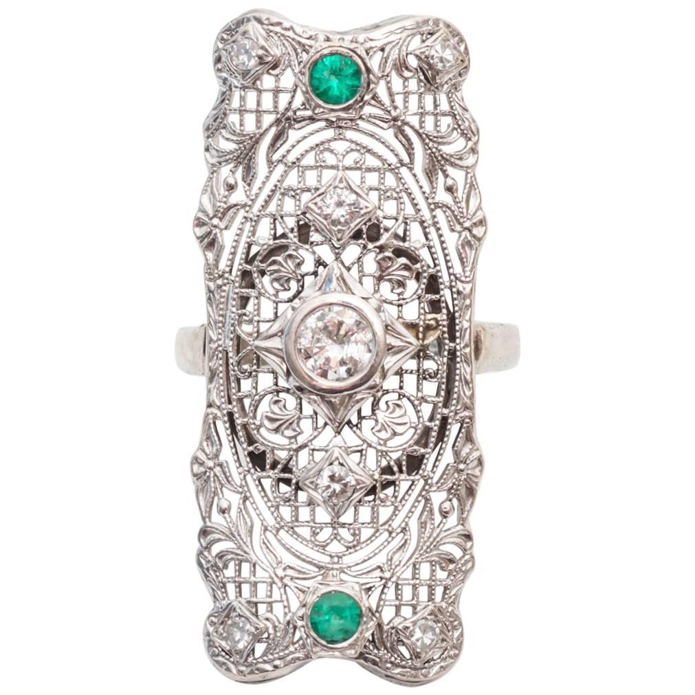 1940s Diamond and Emerald Filigree Shield Ring