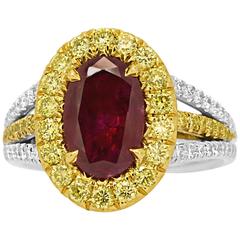 GIA Certified 1.98 Carat No Heat Ruby White and Yellow Diamond Two Color Gold Ri