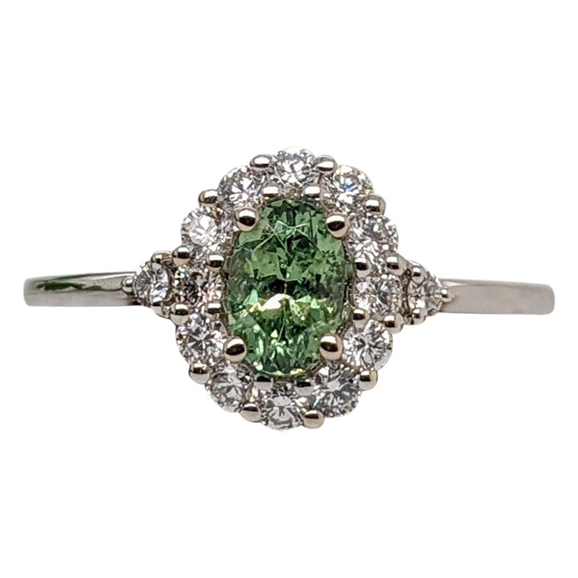 Demantoid Ring w Earth Mined Diamonds in Solid 14K White Gold Oval 6x4mm