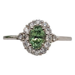 Demantoid Ring w Earth Mined Diamonds in Solid 14K White Gold Oval 6x4mm