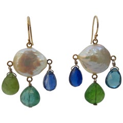 Vintage Marina J Pearl, Kyanite, Iolite, Tourmaline, Topaz & 14k Yellow Gold Earrings