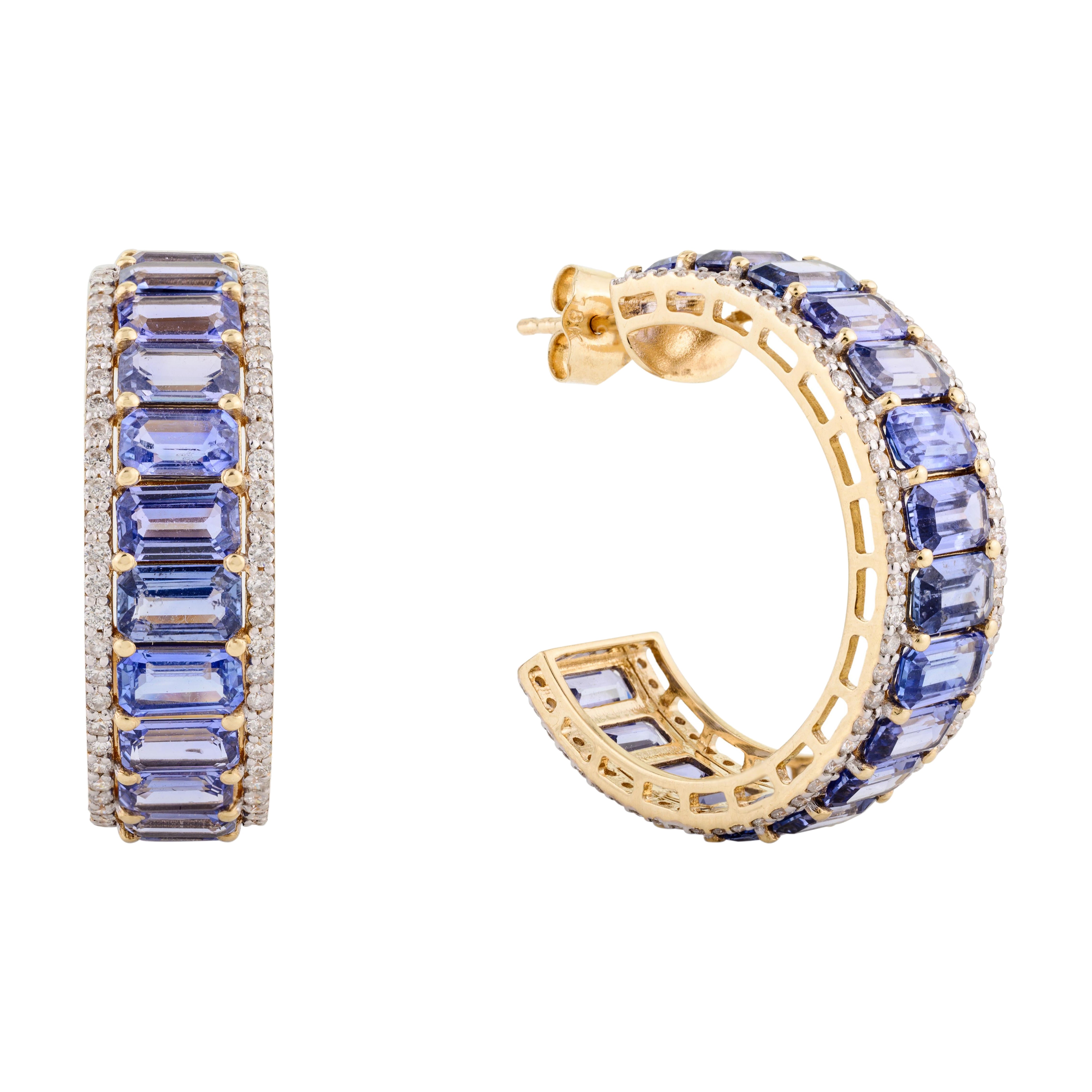 Octagon Cut Tanzanite Pave Diamond Halo Wedding Hoop Earrings in 18k Yellow Gold For Sale