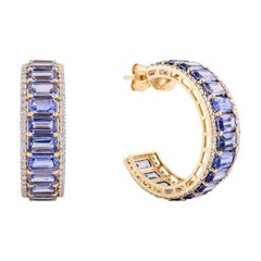 Octagon Cut Tanzanite Pave Diamond Halo Wedding Hoop Earrings in 18k Yellow Gold