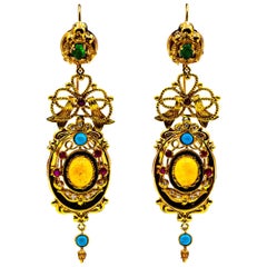 Art Deco Style White Diamond Emerald Ruby Opal Turquoise Yellow Gold Earrings