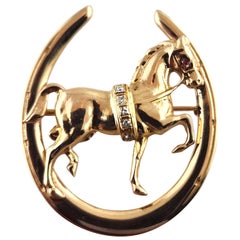 14 Karat Yellow Gold and Diamond Horse and Horseshoe Brooch/Pin #19259