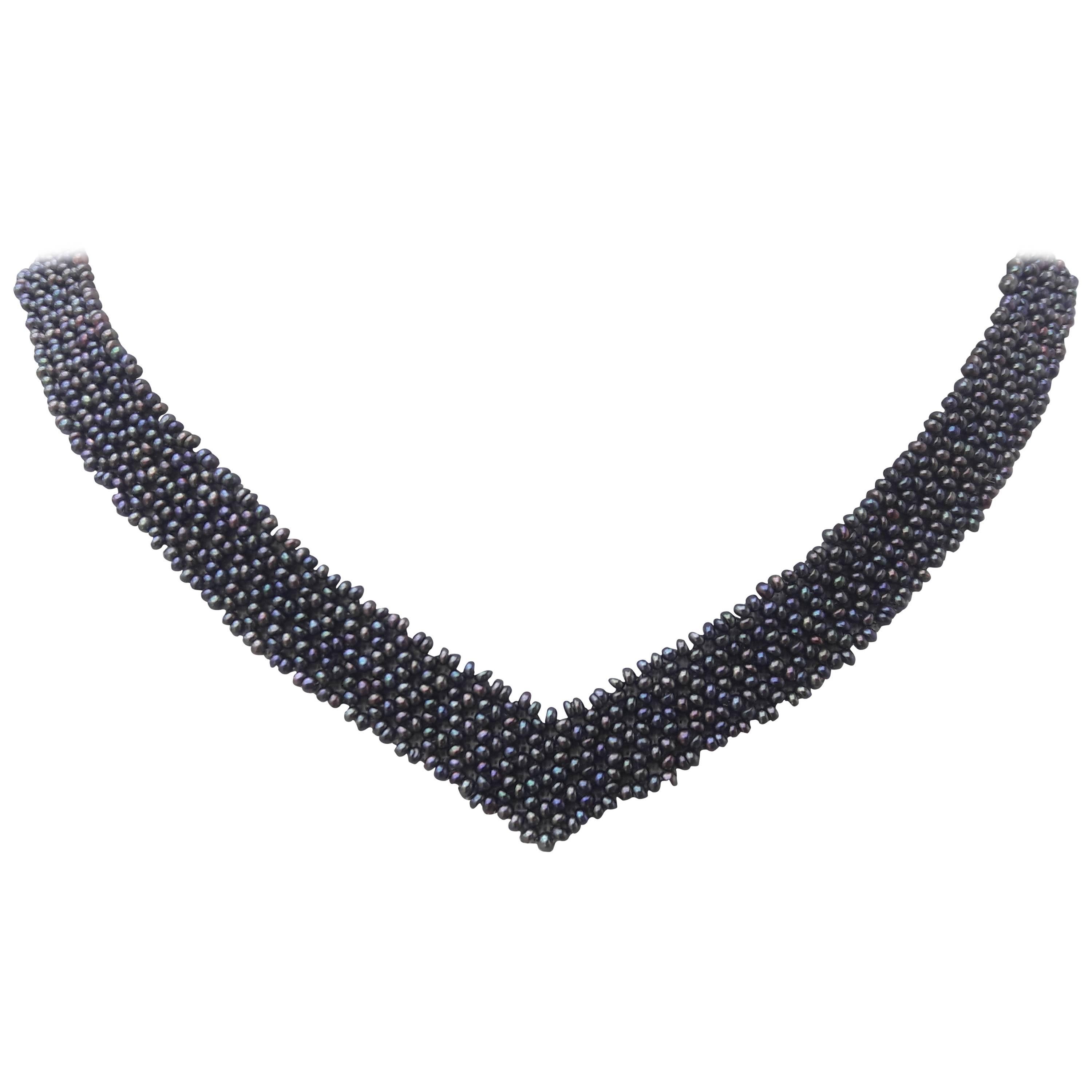 Marina J Woven Black Pearl "V" shaped Necklace with Unique 14K Yellow Gold Clasp