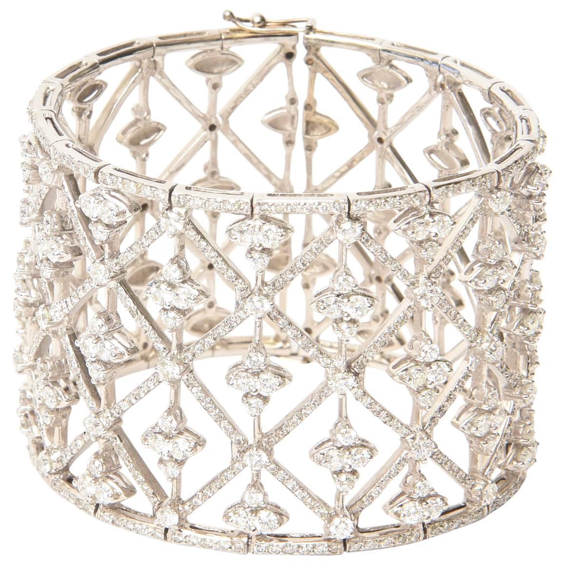 Italian Geometric Design 18K White Gold Diamond Wide Cuff Bracelet