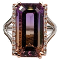 9ct Ametrine Ring w Earth Mined Diamonds in Solid 14K Dual Tone Gold EM 17x8mm
