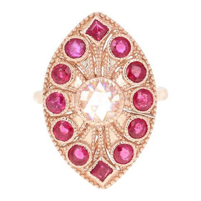 2.09 Carat Ruby and Rose Cut Diamond 14 Karat Rose Gold Cocktail Ring