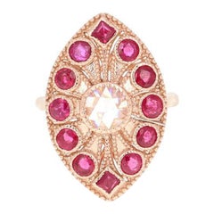 Bague cocktail en or rose 14 carats de 2,09 carats de rubis et de diamants taillés en rose