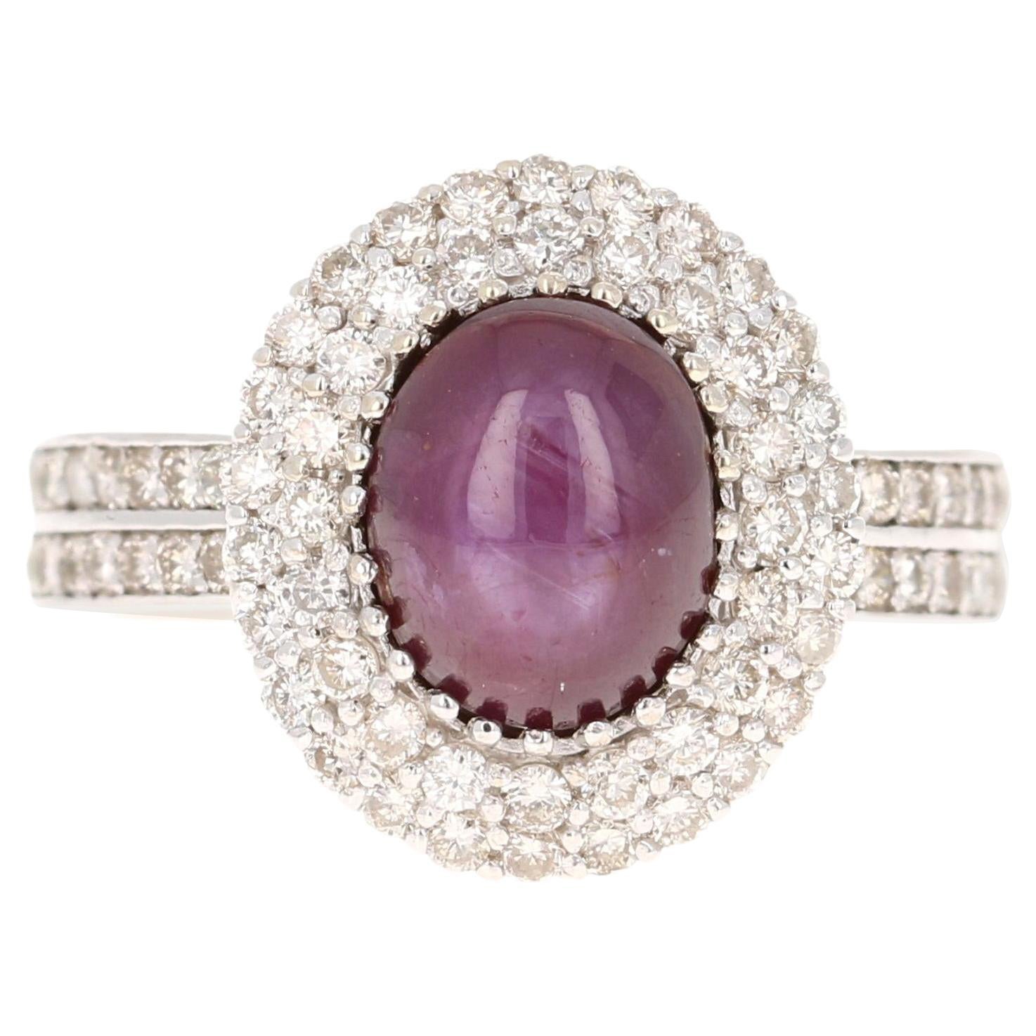 6.57 Carat Non Heated Cabochon Star Ruby Diamond Engagement Ring For Sale
