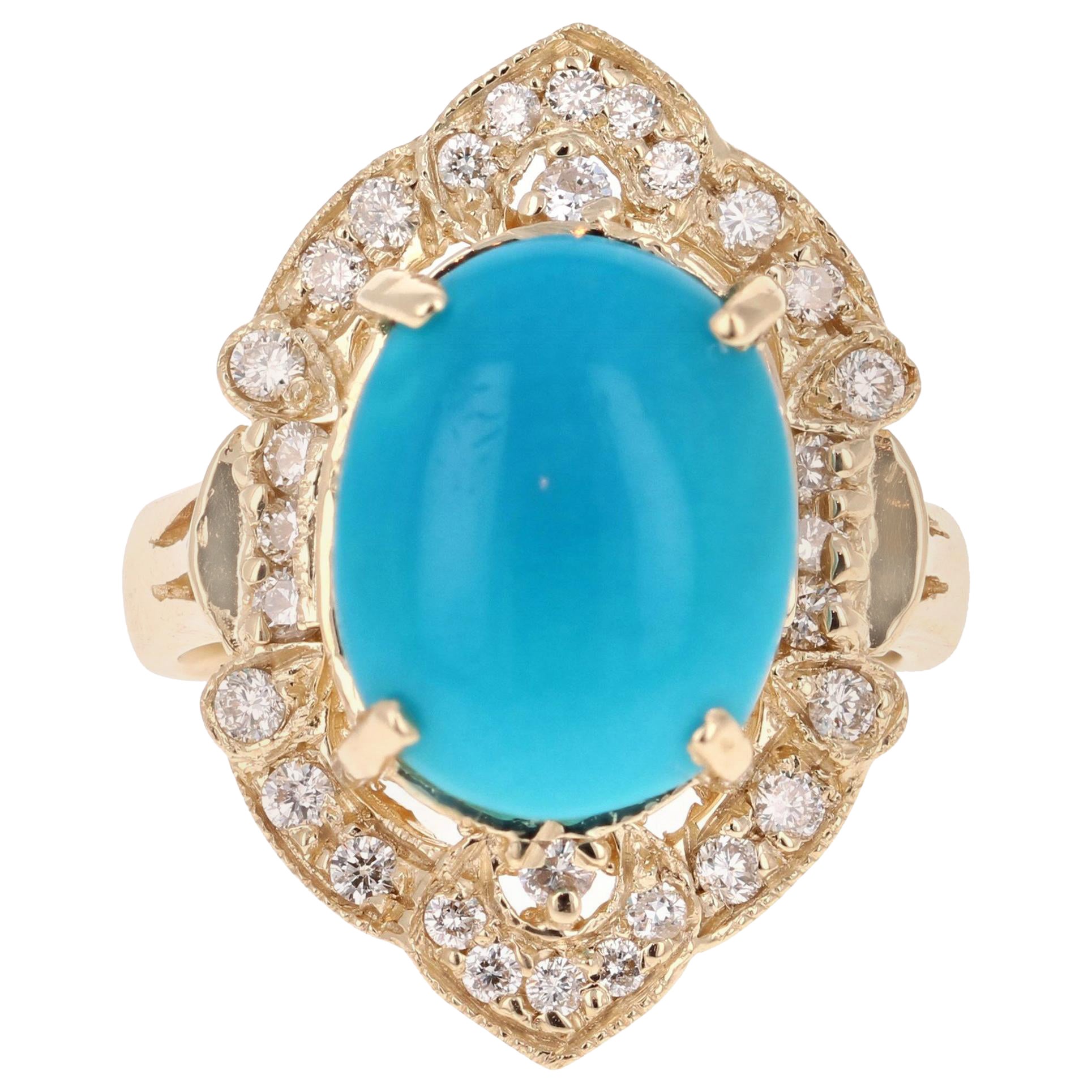 5.33 Carat Turquoise Diamond Yellow Gold Art Deco Style Ring For Sale