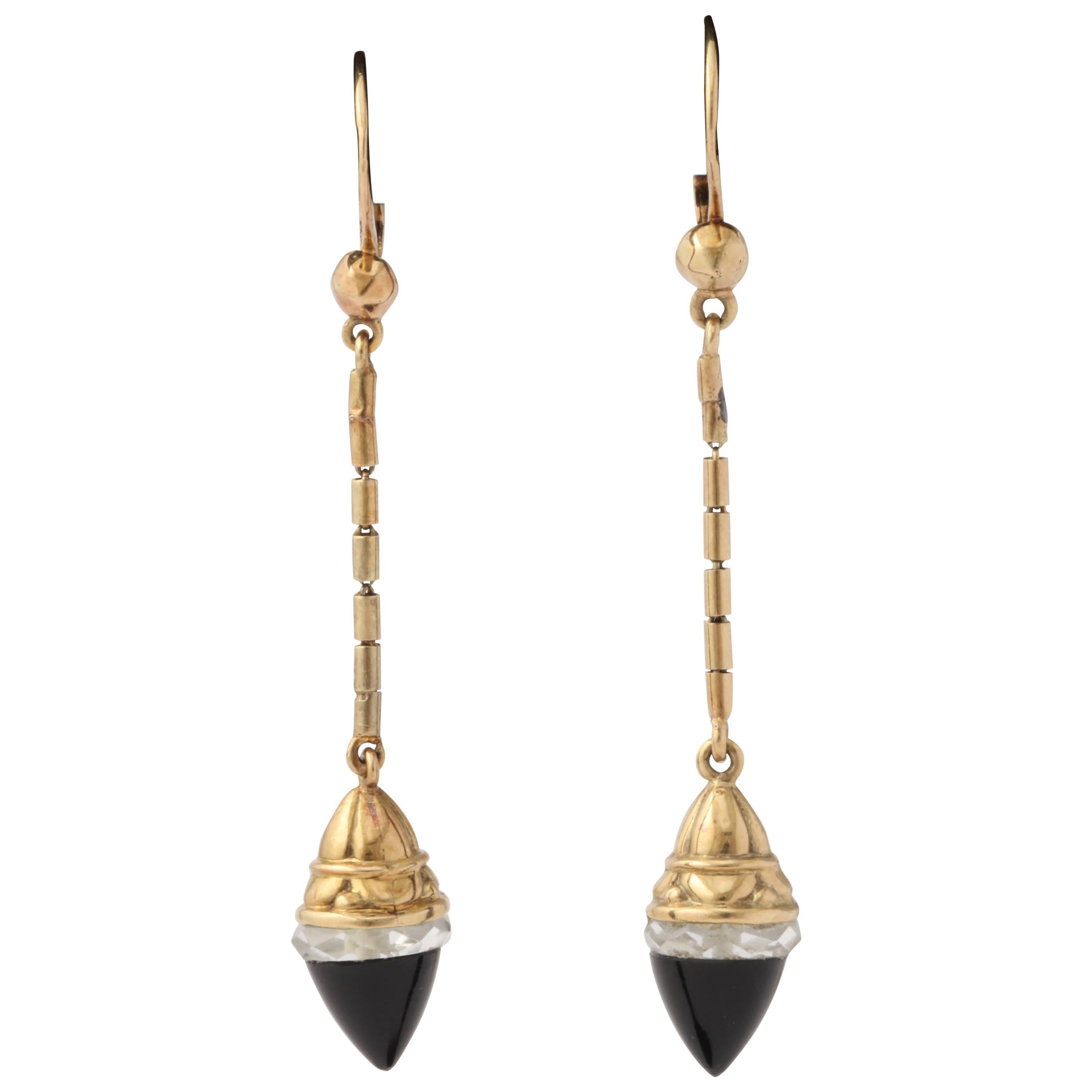 Onyx and Rock Crystal Victorian Earrings For Sale