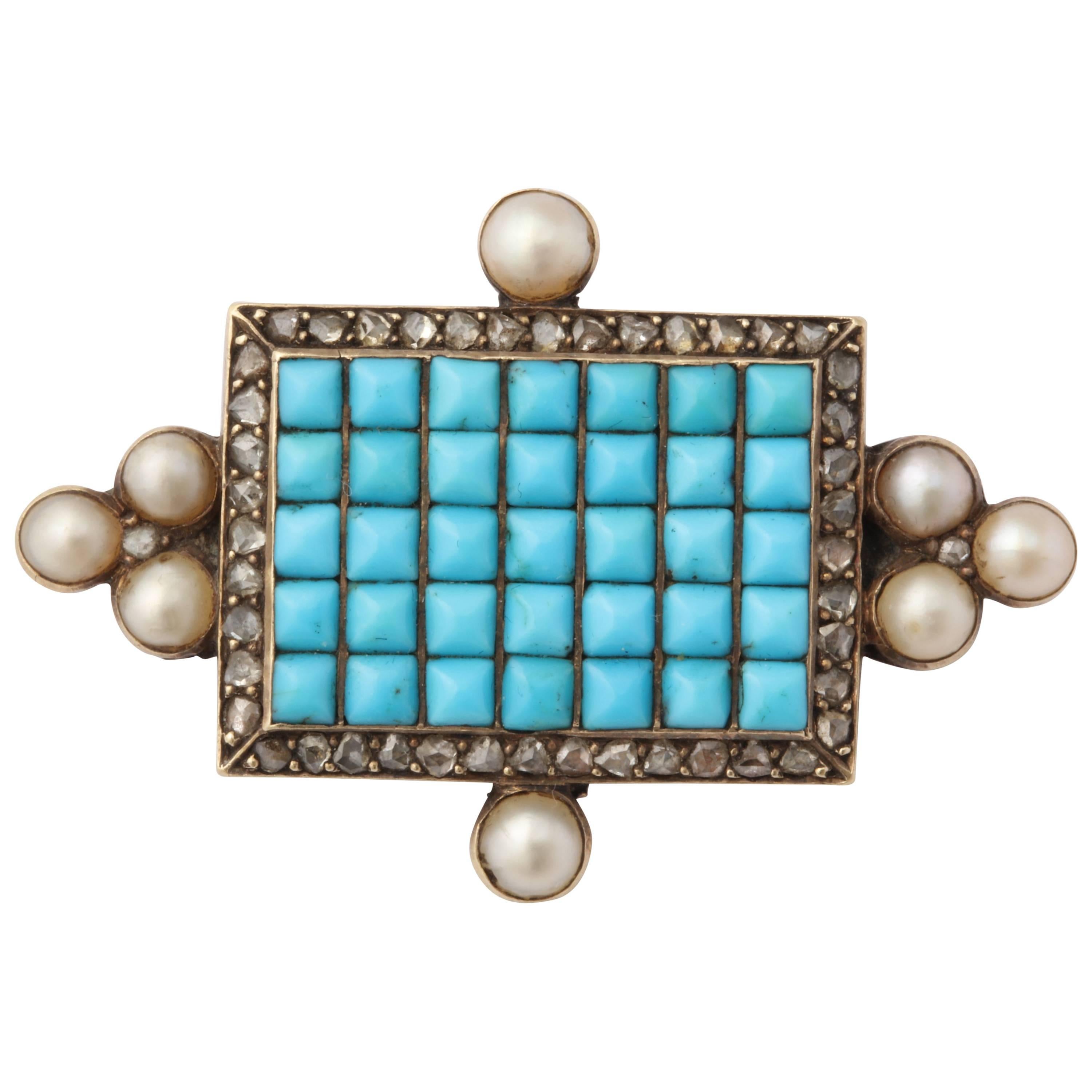Antique Victorian Persian Turquoise Natural Pearl Diamond Brooch