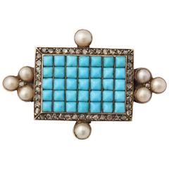 Antique Victorian Persian Turquoise Natural Pearl Diamond Brooch 5