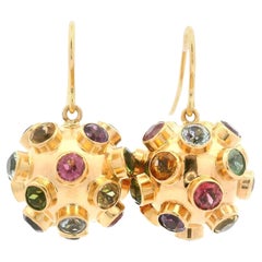Vintage 14k Yellow Gold Multi Colored Gemstones Sputnik Ball Drop Hook Earrings