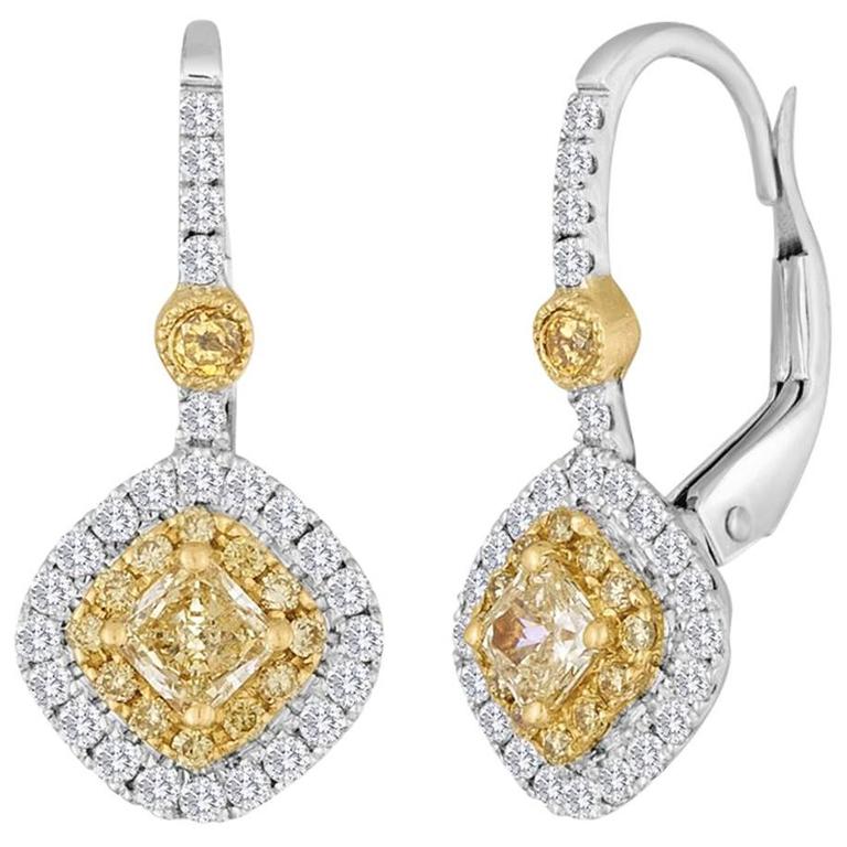 Fancy Yellow and Diamond TwoColor Gold Double Halo Earring For Sale at 1stdibs