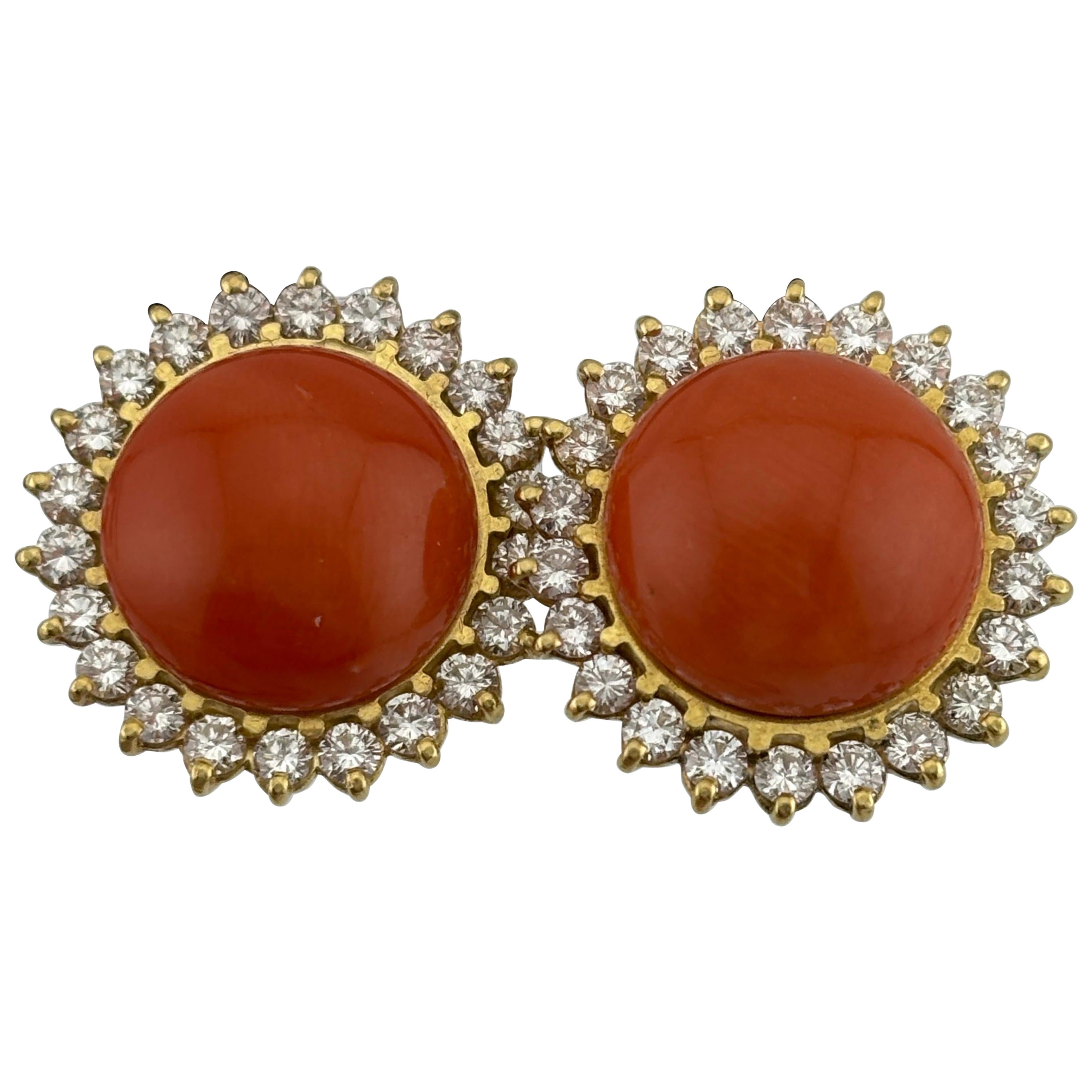 14k Yellow Gold Coral & Diamond Omega Back Earrings