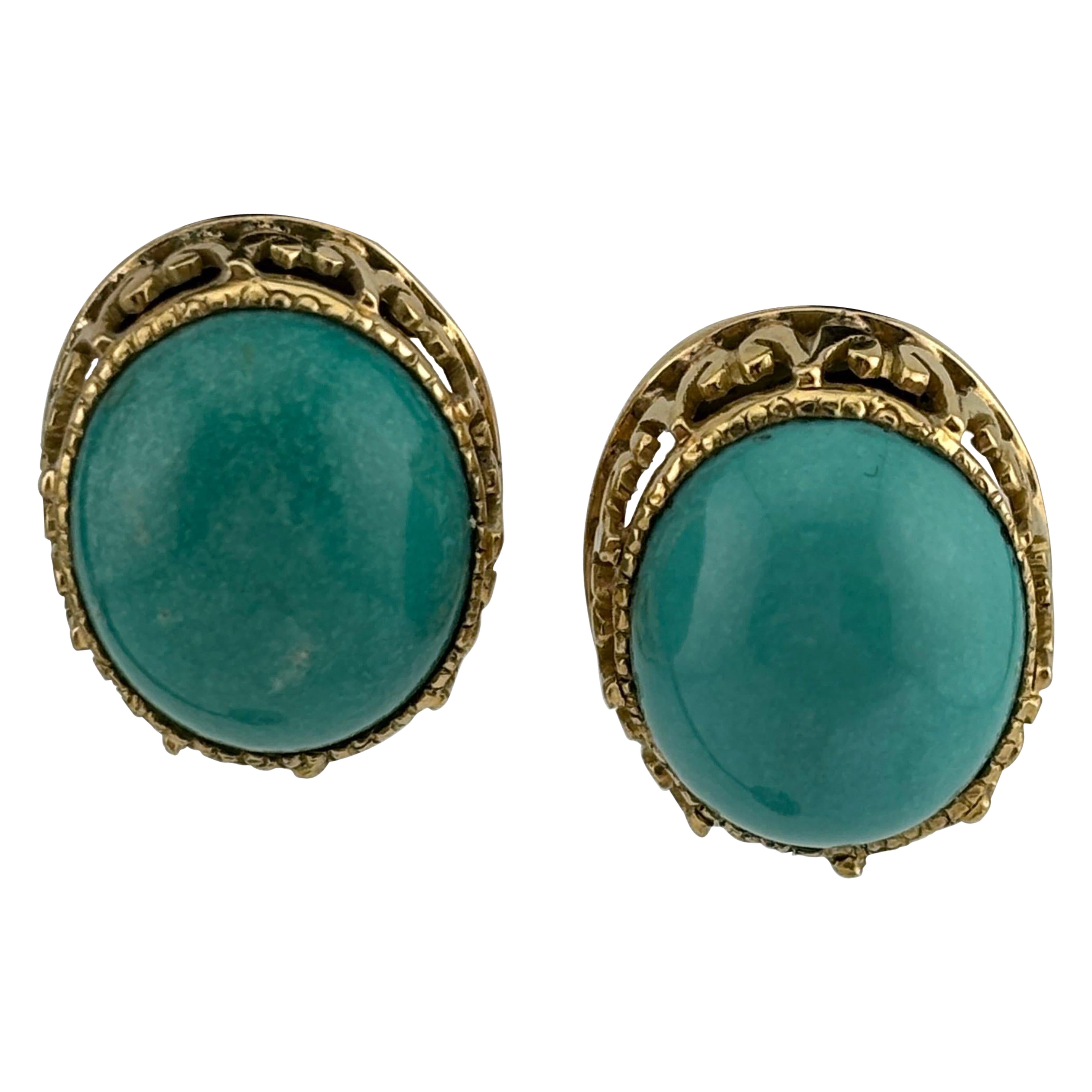 Cabochon Turquoise 14k Yellow Gold Earrings Omega Back