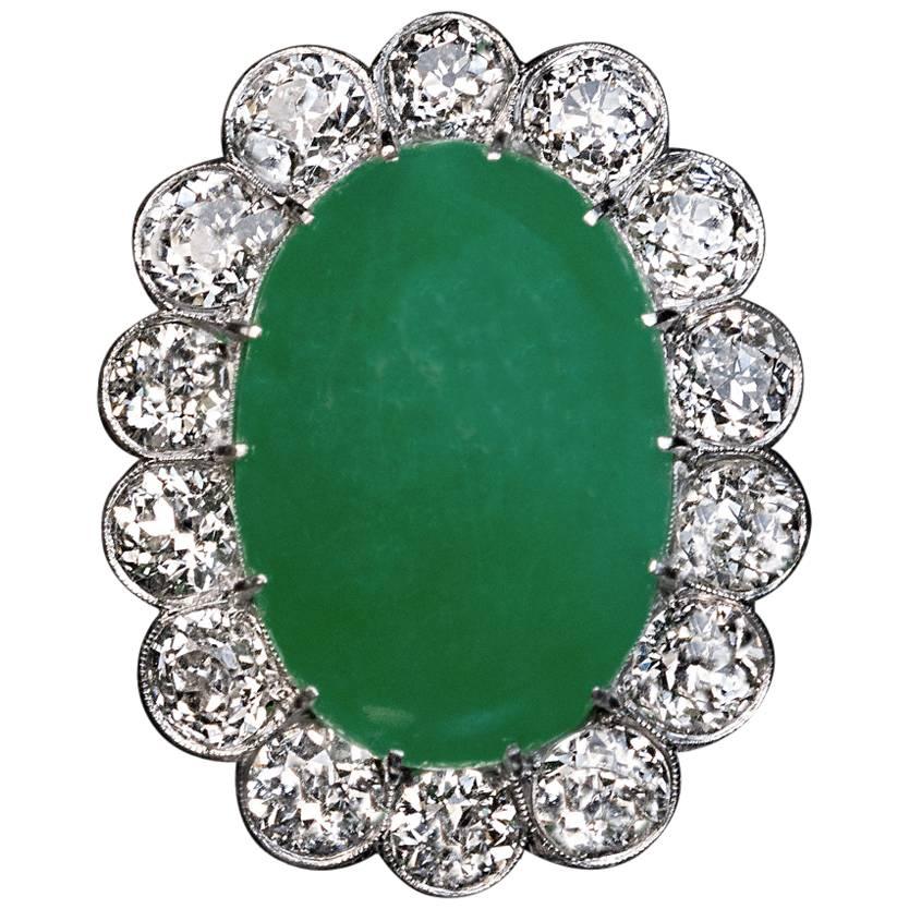 1920s Natural Jade Diamond Gold Cluster Ring