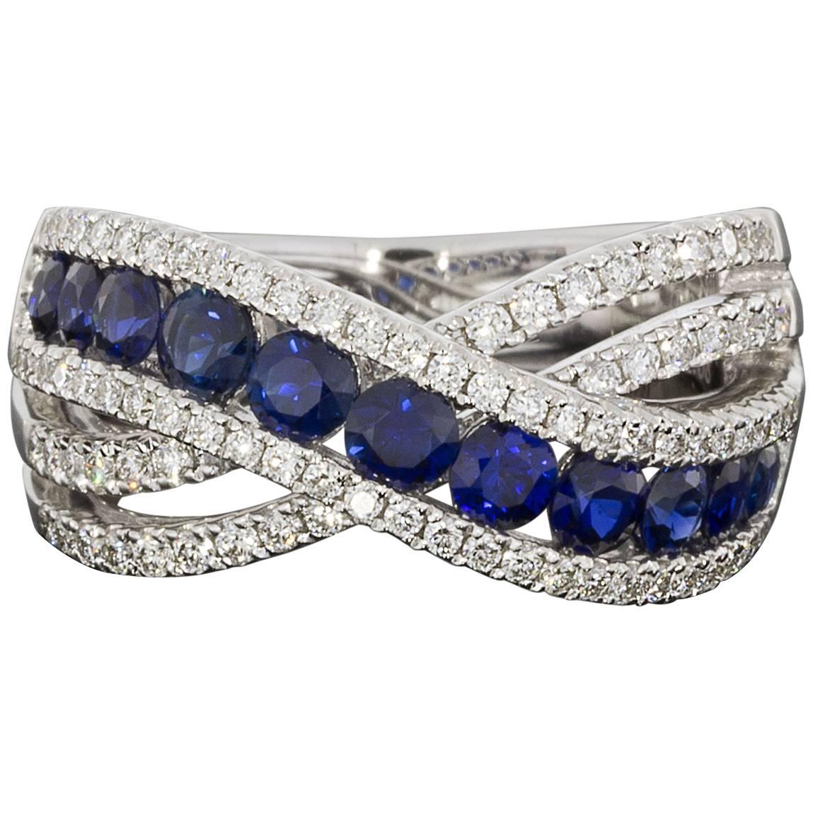  Round Sapphire  Diamond Crossover X Band Ring