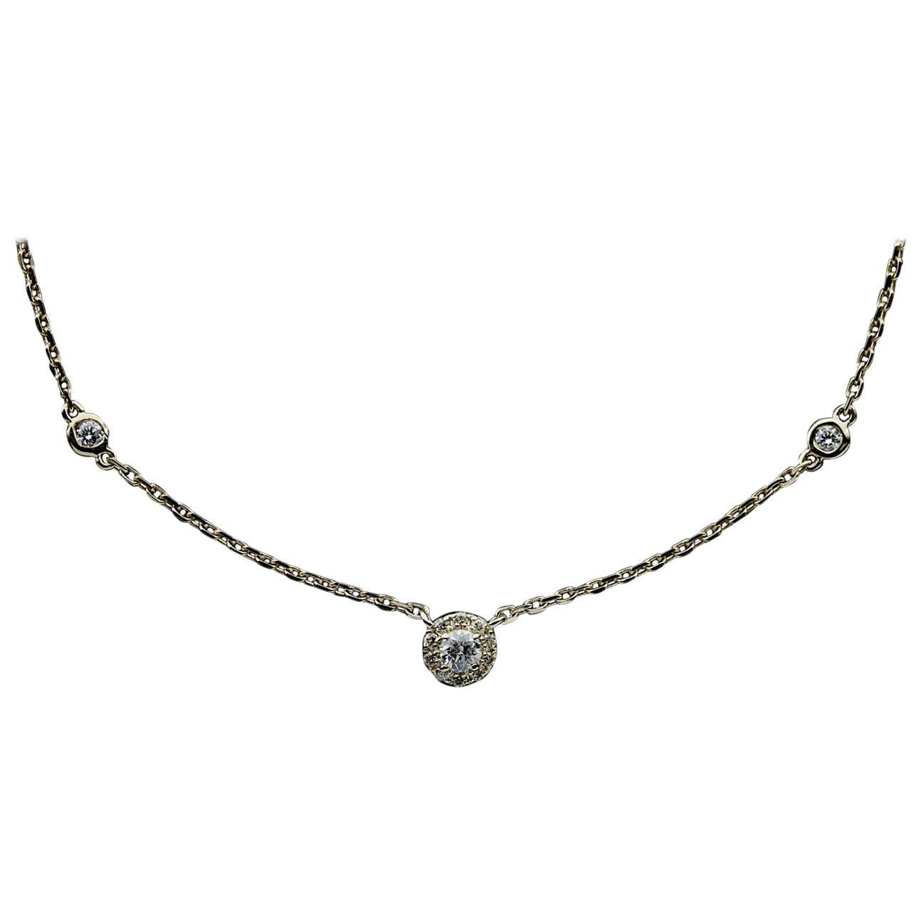 14 Karat Yellow Gold Round Diamond Halo Necklace With Diamond Chain