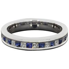 White Gold Princess Sapphire & Asscher Diamond Wedding Band Stackable Ring