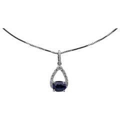 White Gold Oval Blue Sapphire & Diamond Pear Shaped Pendant Necklace