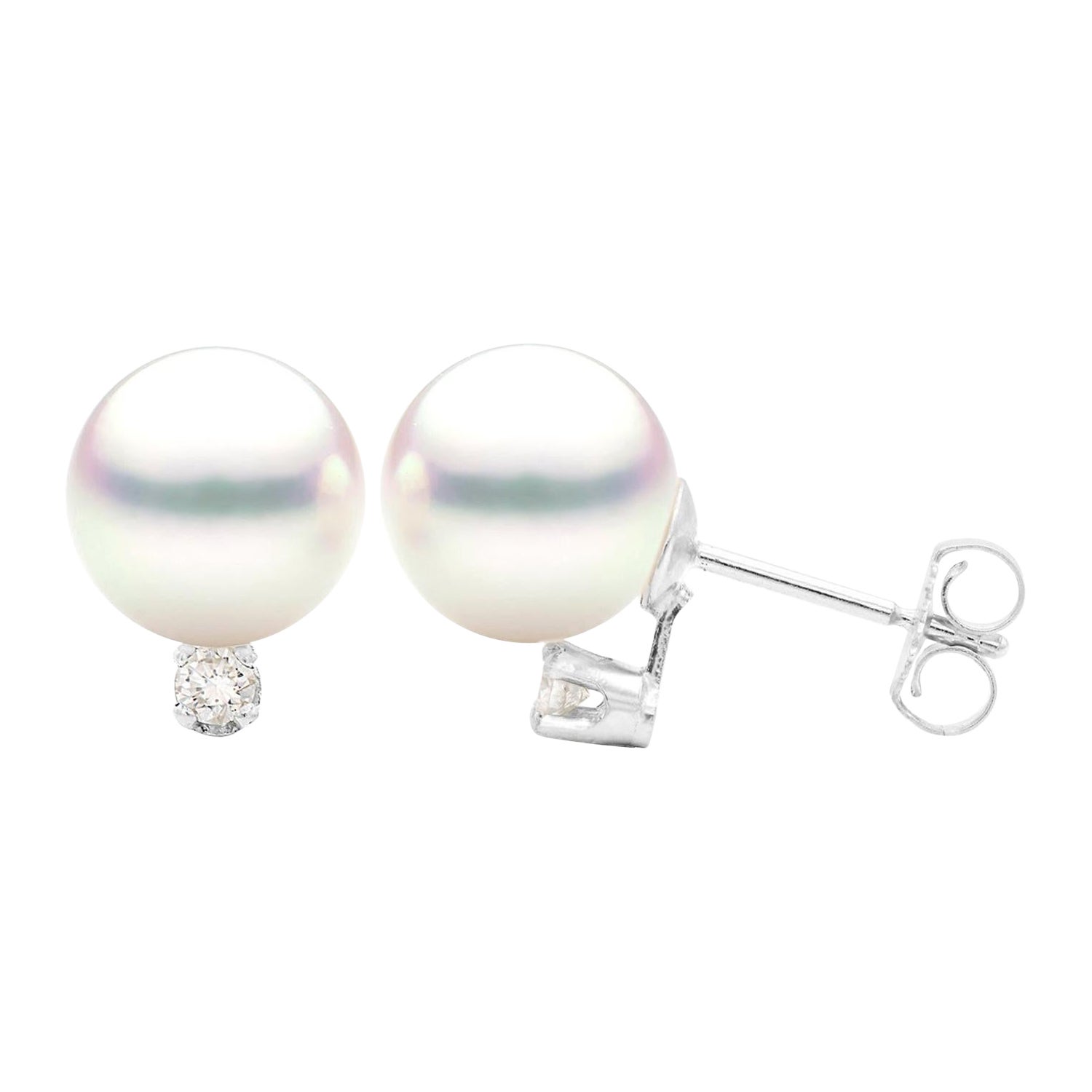 Pendiente de perla cultivada blanca de 8-8,5 mm con diamante en oro blanco de 14 quilates